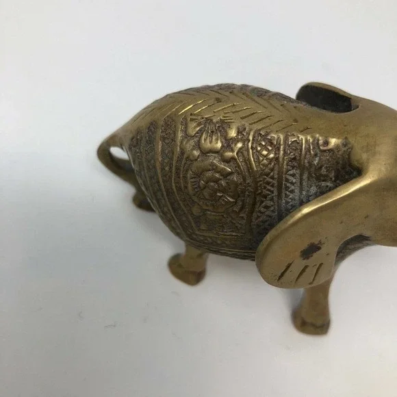 Vintage Small Solid Brass Elephant Raised Trunk Embossed Ornate MCM Figurine - Picture 7 of 11